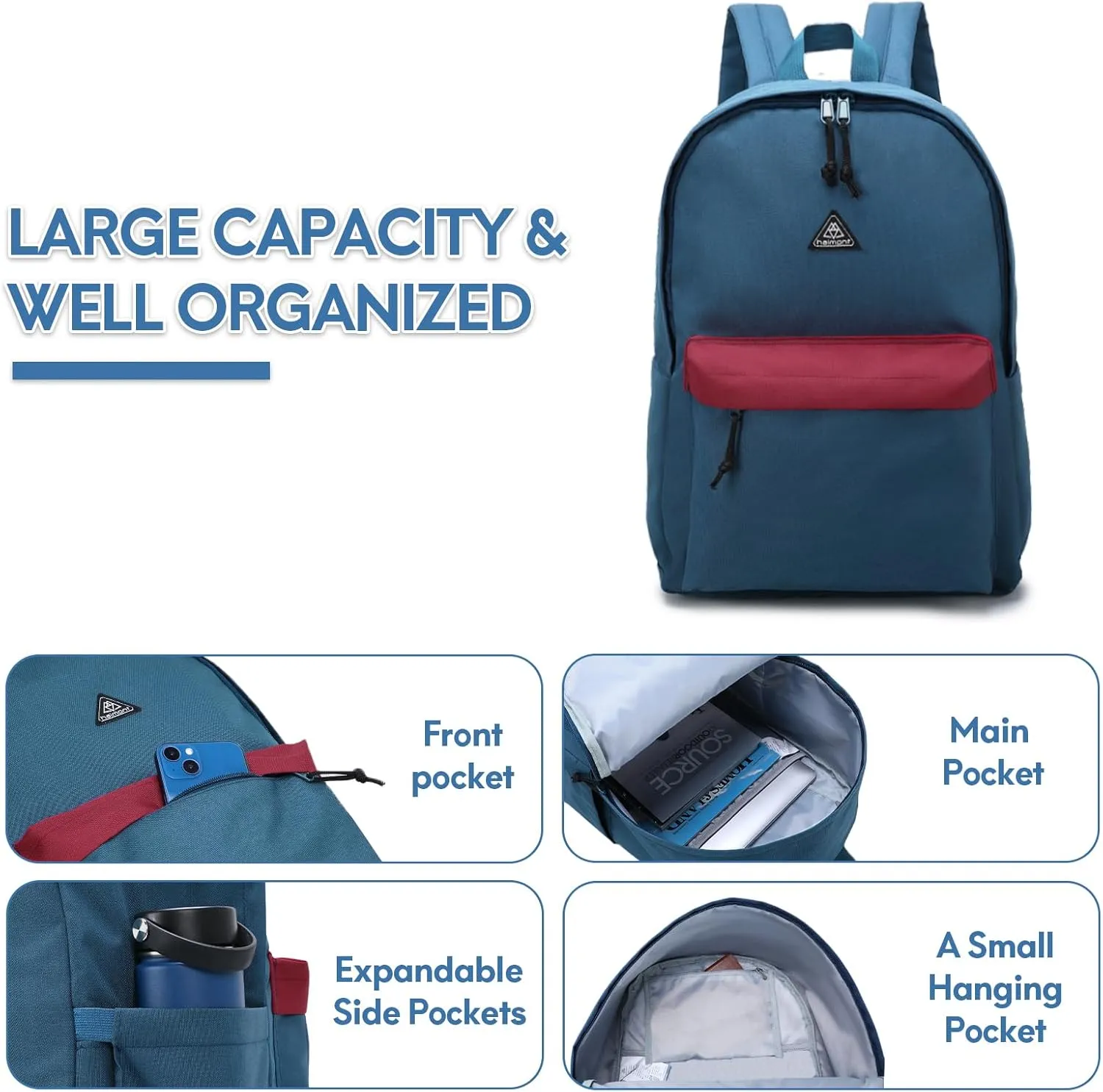 Haimont Backpack Work, Travel, Laptop Bookbag with Water Bottle Pocket, 20L Casual Daypack, Navy/Red