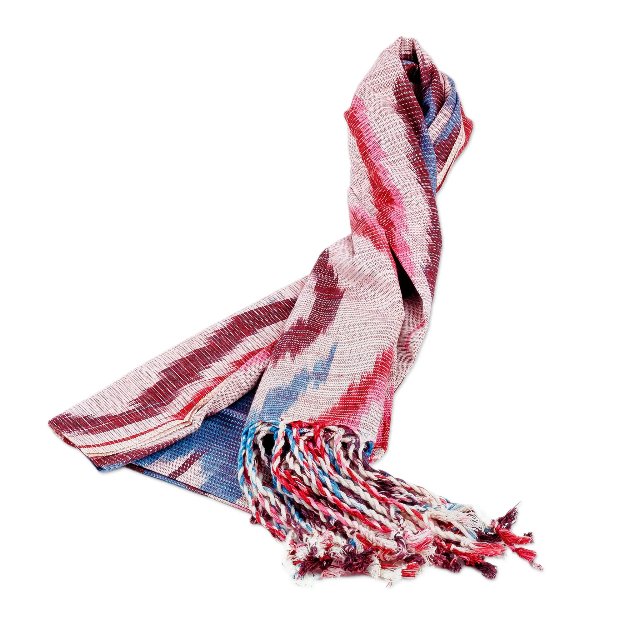 Handcrafted Ikat Patterned Red and Blue Fringed Cotton Scarf - Palace Colors | NOVICA