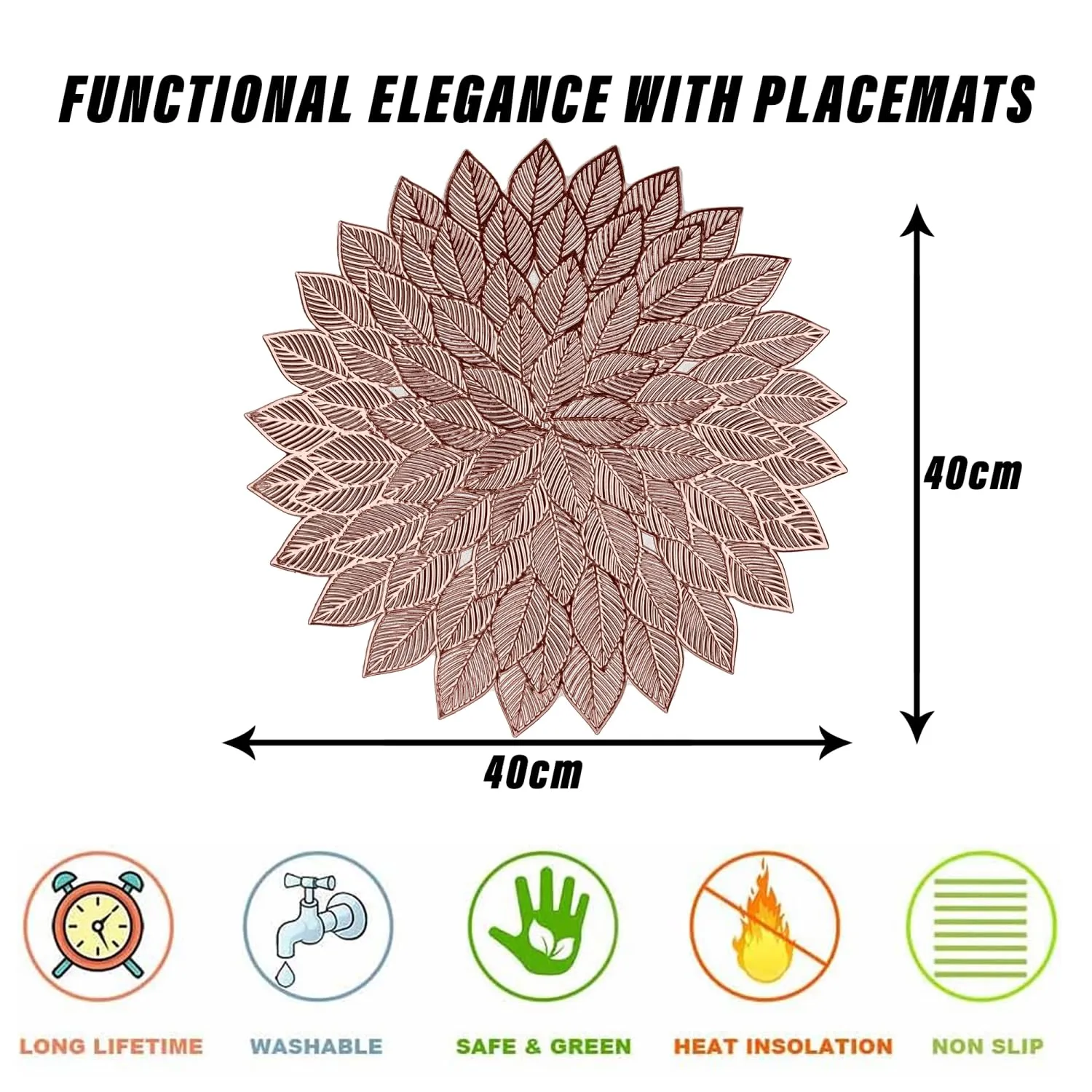 Heart Home Placemat | Placemats for Dining Room | Designer Table Mat Set | Placemats for Kitchen Table | Side Table Placemats | Round Flower Placemat | 4 Piece Set | Copper