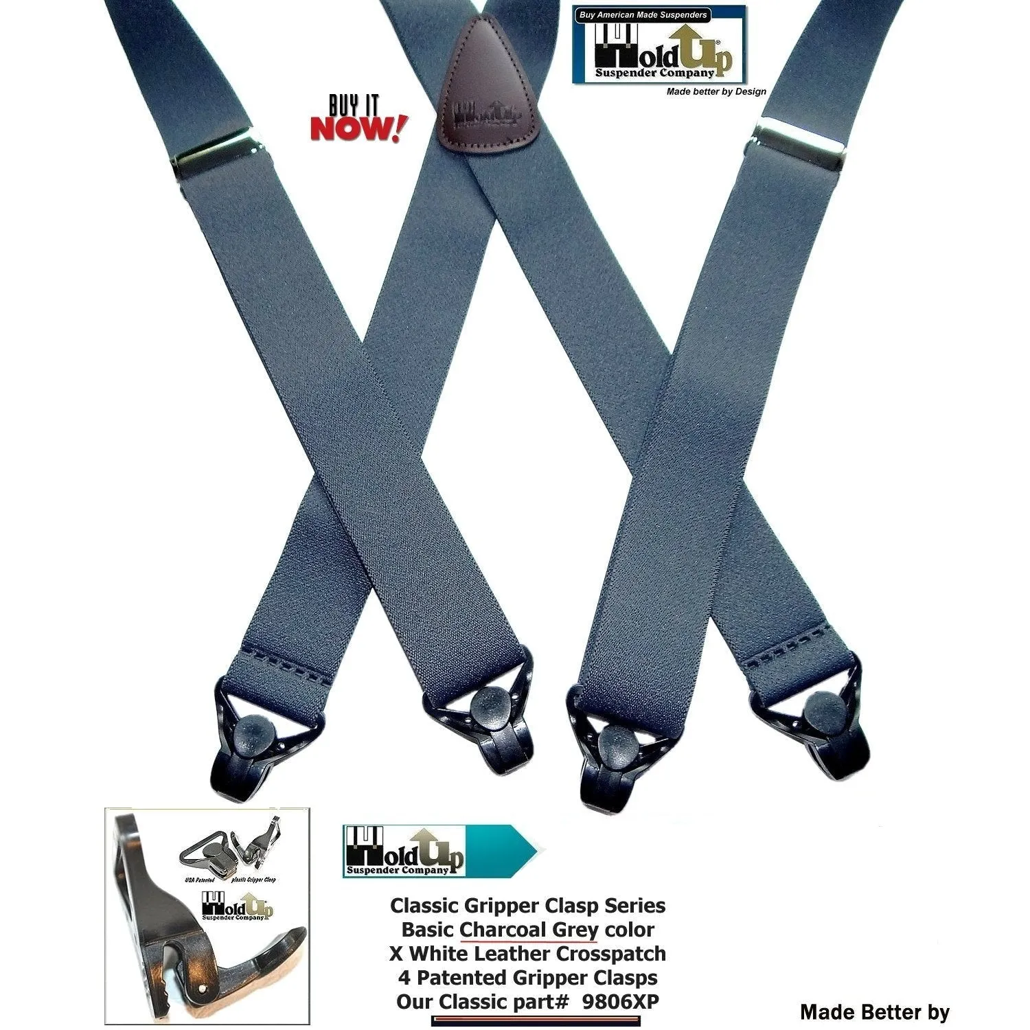 Holdup Brand Charcoal Grey X-back Classic Series Suspenders With Black Gripper Clasps