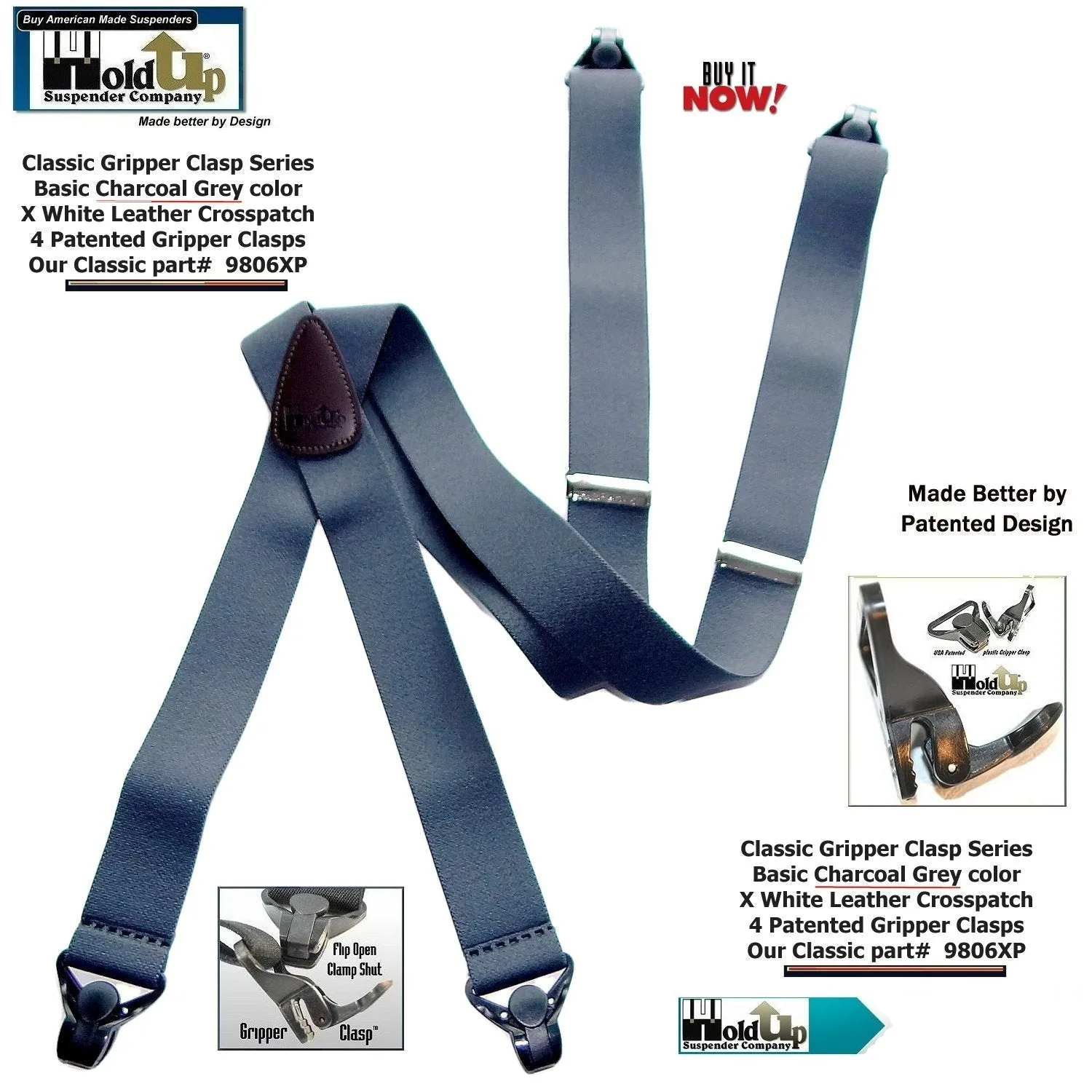 Holdup Brand Charcoal Grey X-back Classic Series Suspenders With Black Gripper Clasps