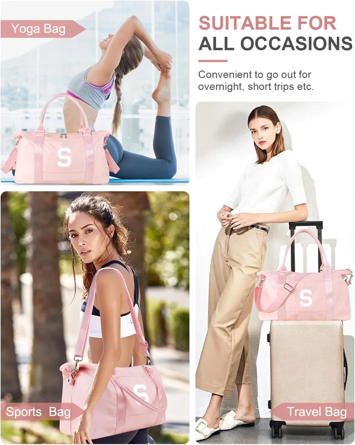 Initial Travel Duffel Bag Sports Gym Bag for Girls Teen Birthday Gifts,Pink Personalized Weekender Bag Carry On Tote Bags for Women Men,Waterproof Overnight Luggage Bag with Trolley Sleeve(Letter S)