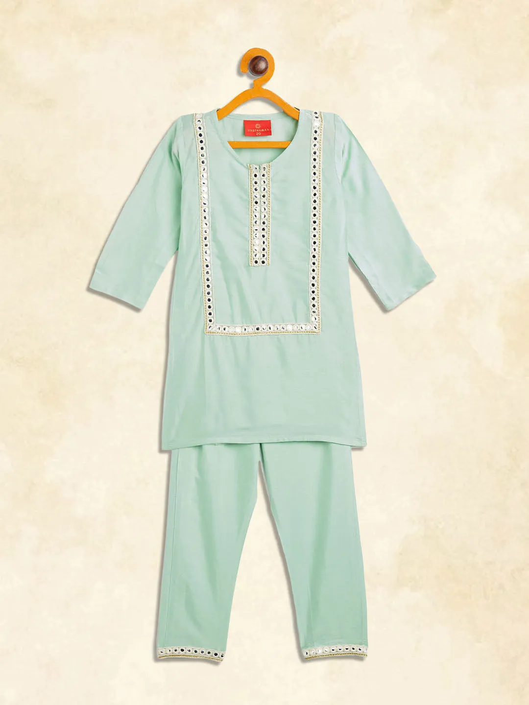 Jashvi SISHU Girls' Mint Green Viscose Kurta And Straight Pant Set