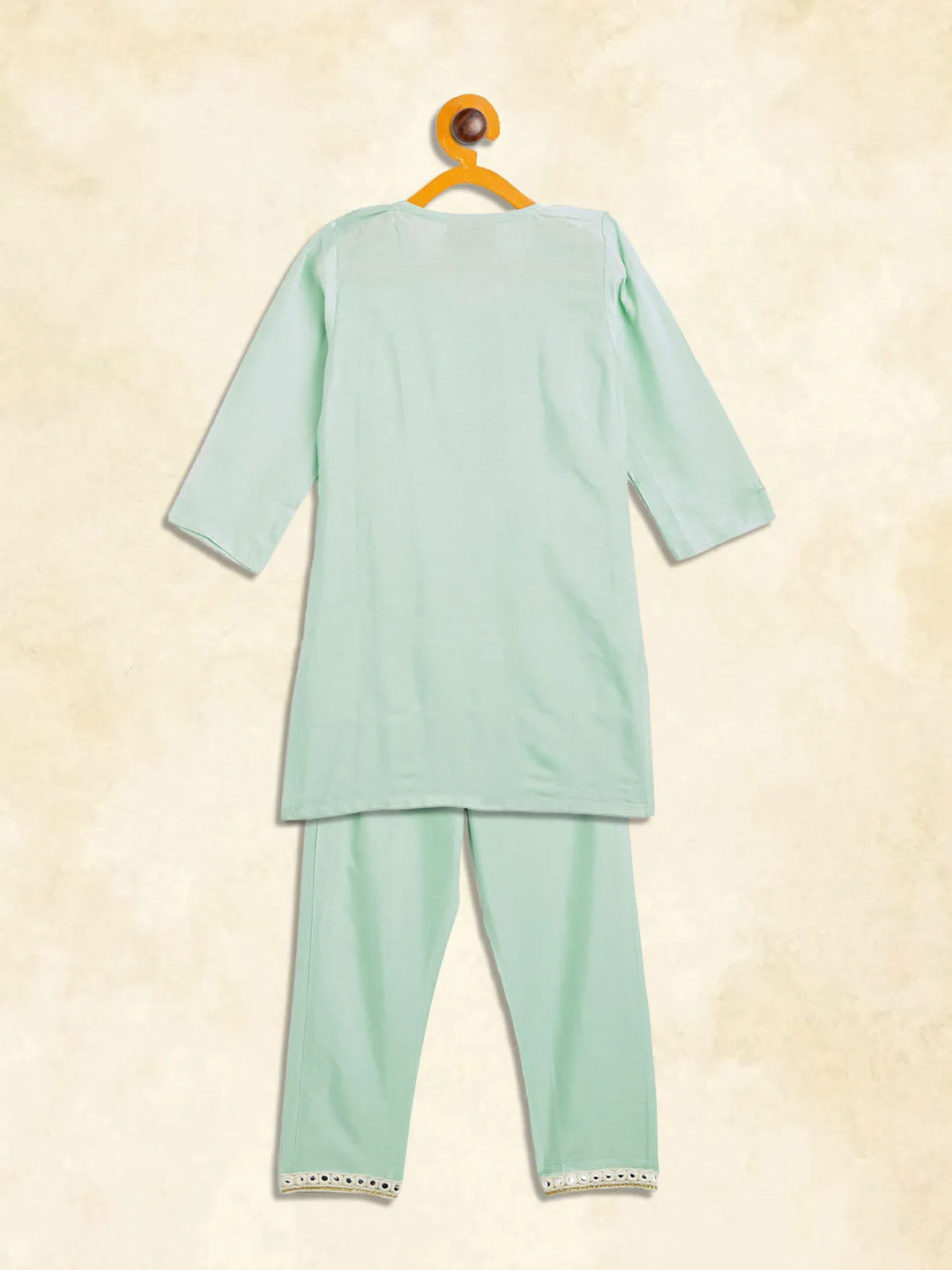 Jashvi SISHU Girls' Mint Green Viscose Kurta And Straight Pant Set