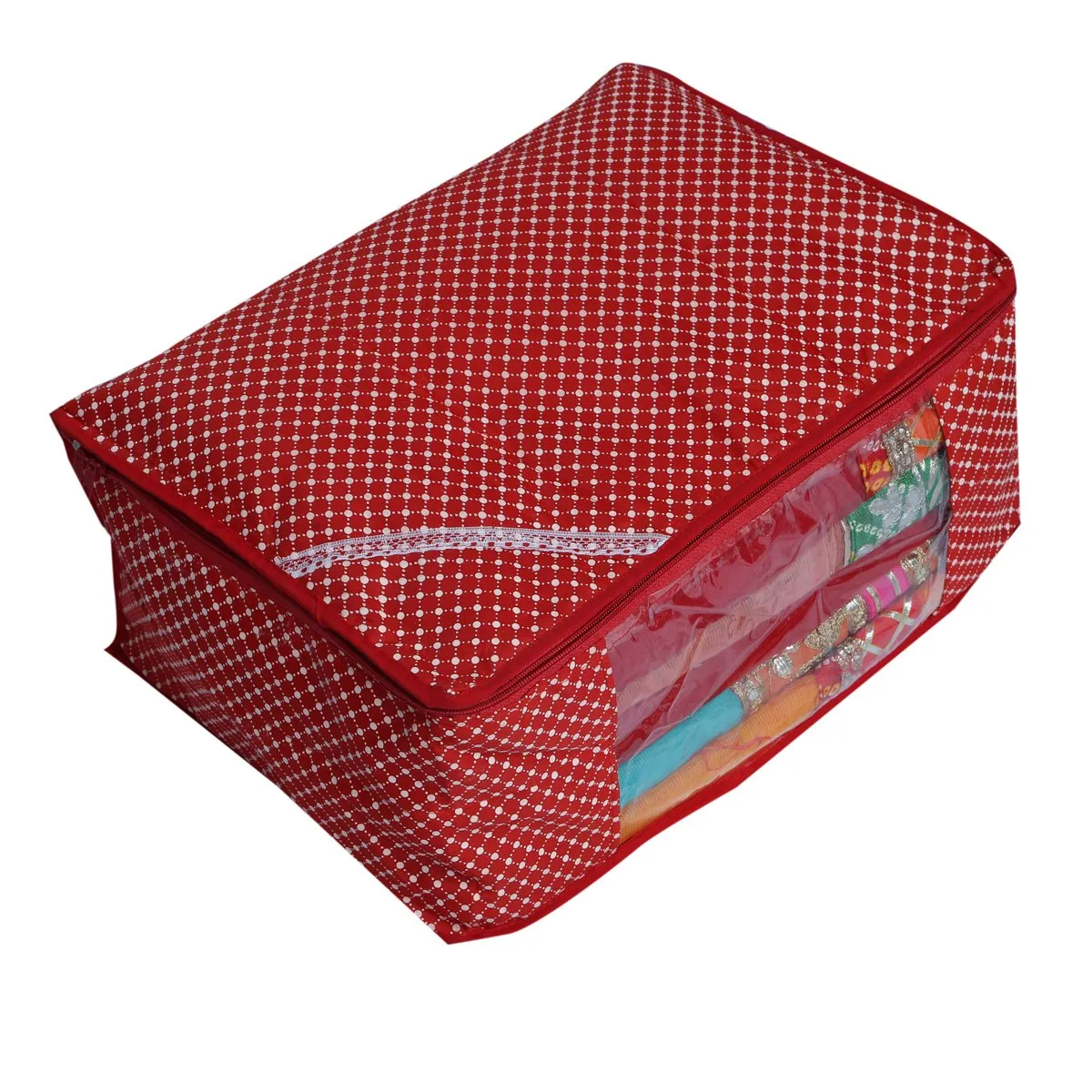 Kuber Industries 6 Piece 3 Layered Quilted Cotton Saree Cover Set, Red