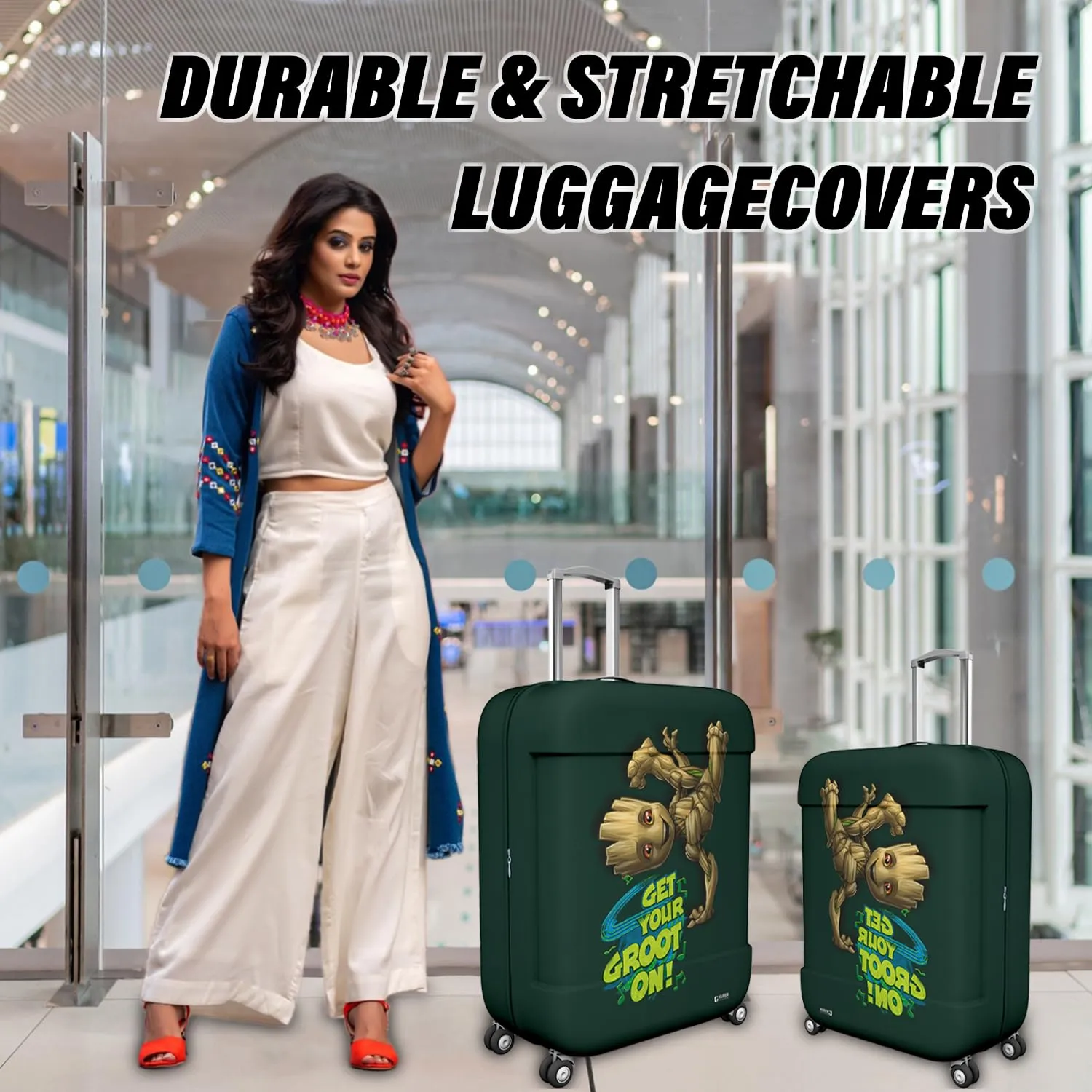 Kuber Industries Marvel I Am Groot Luggage Cover | Polyester Travel Suitcase Cover | Washable | Stretchable Suitcase Protector | 22-26 Inch | Medium | Green