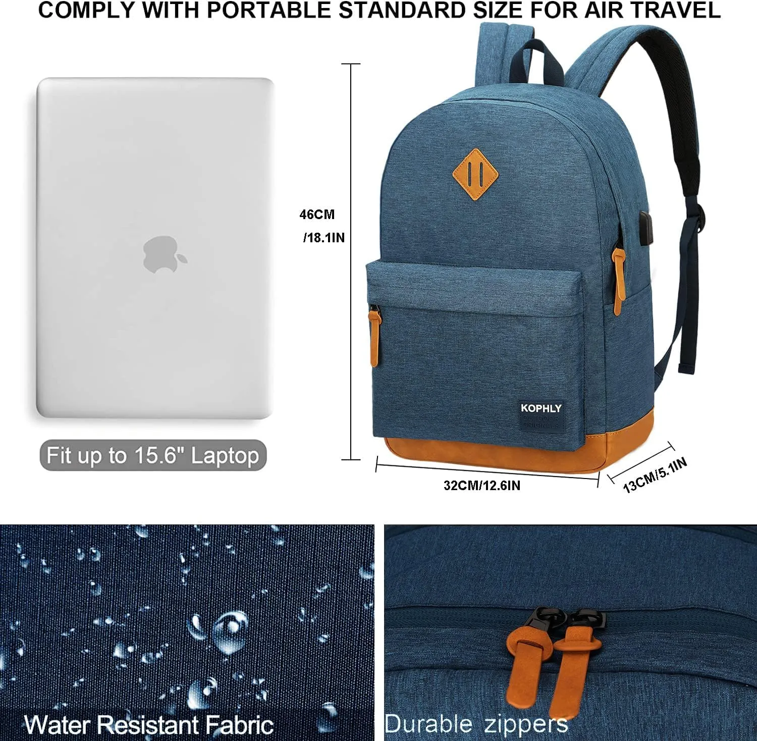 Laptop Backpack with Leather Decoration, USB Charging Port, Classic Backpack for College, Work, Travel(18 Inches/Navy)