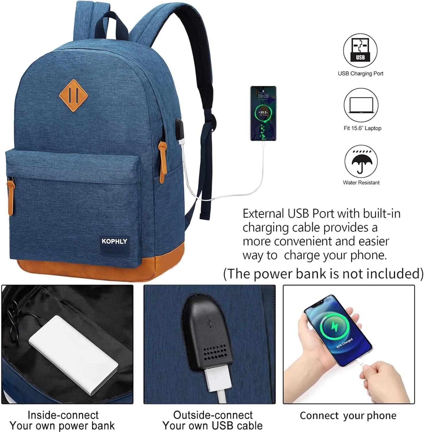Laptop Backpack with Leather Decoration, USB Charging Port, Classic Backpack for College, Work, Travel(18 Inches/Navy)