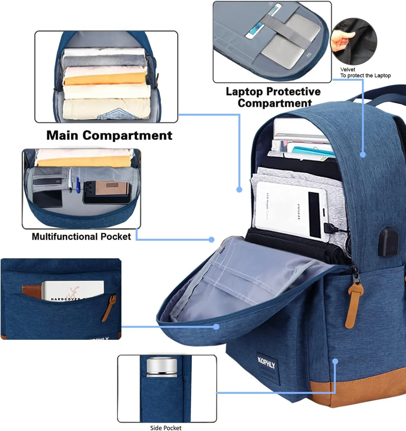 Laptop Backpack with Leather Decoration, USB Charging Port, Classic Backpack for College, Work, Travel(18 Inches/Navy)