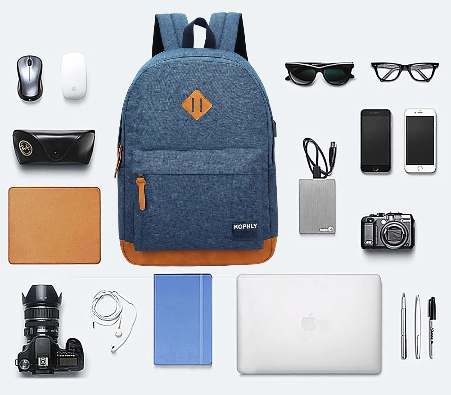Laptop Backpack with Leather Decoration, USB Charging Port, Classic Backpack for College, Work, Travel(18 Inches/Navy)