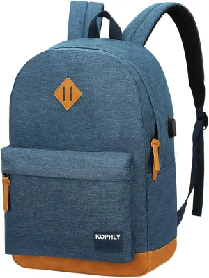 Laptop Backpack with Leather Decoration, USB Charging Port, Classic Backpack for College, Work, Travel(18 Inches/Navy)