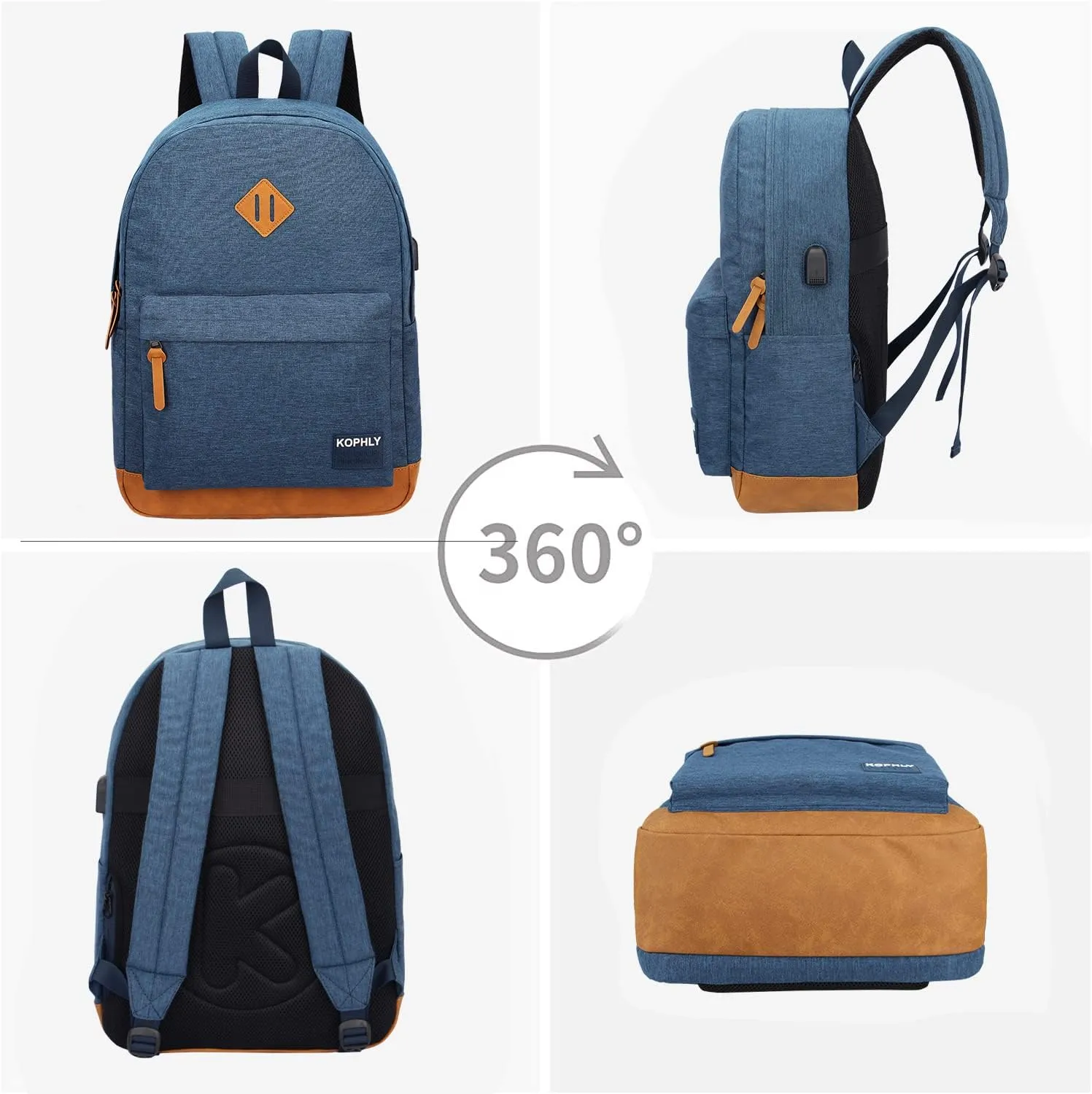 Laptop Backpack with Leather Decoration, USB Charging Port, Classic Backpack for College, Work, Travel(18 Inches/Navy)
