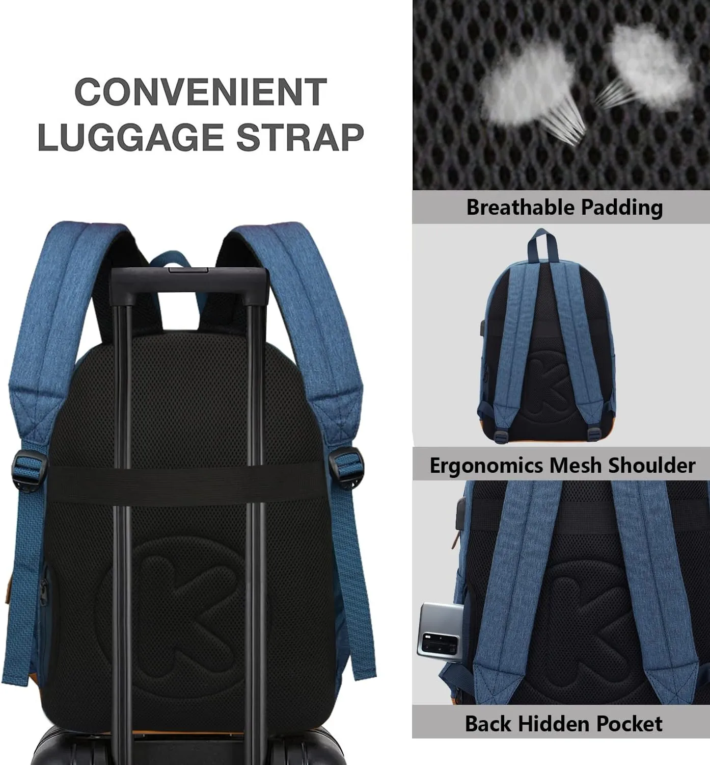 Laptop Backpack with Leather Decoration, USB Charging Port, Classic Backpack for College, Work, Travel(18 Inches/Navy)