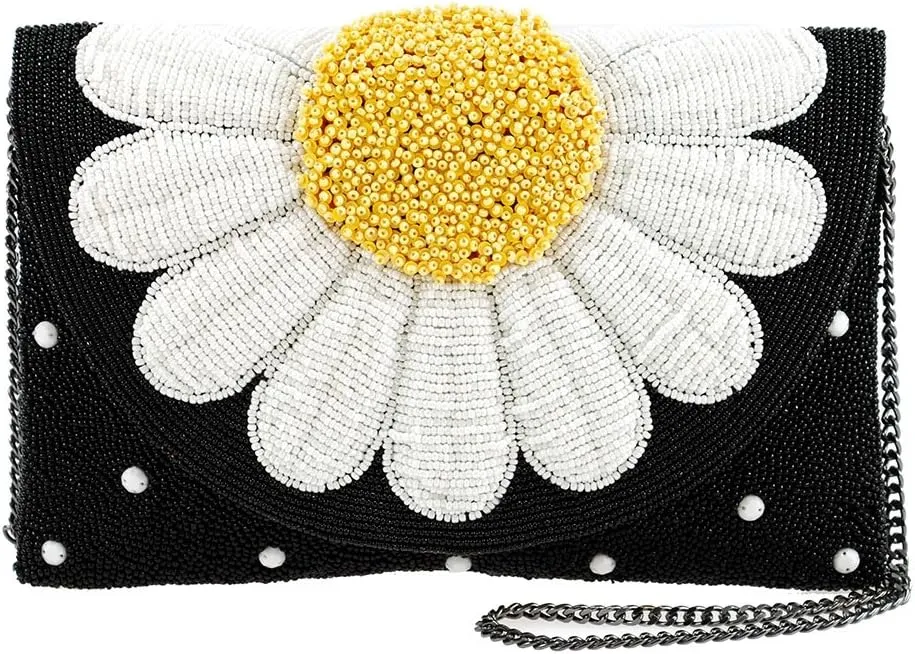 Mary Frances Oopsy Daisy Beaded Flower Crossbody Clutch Purse, Black