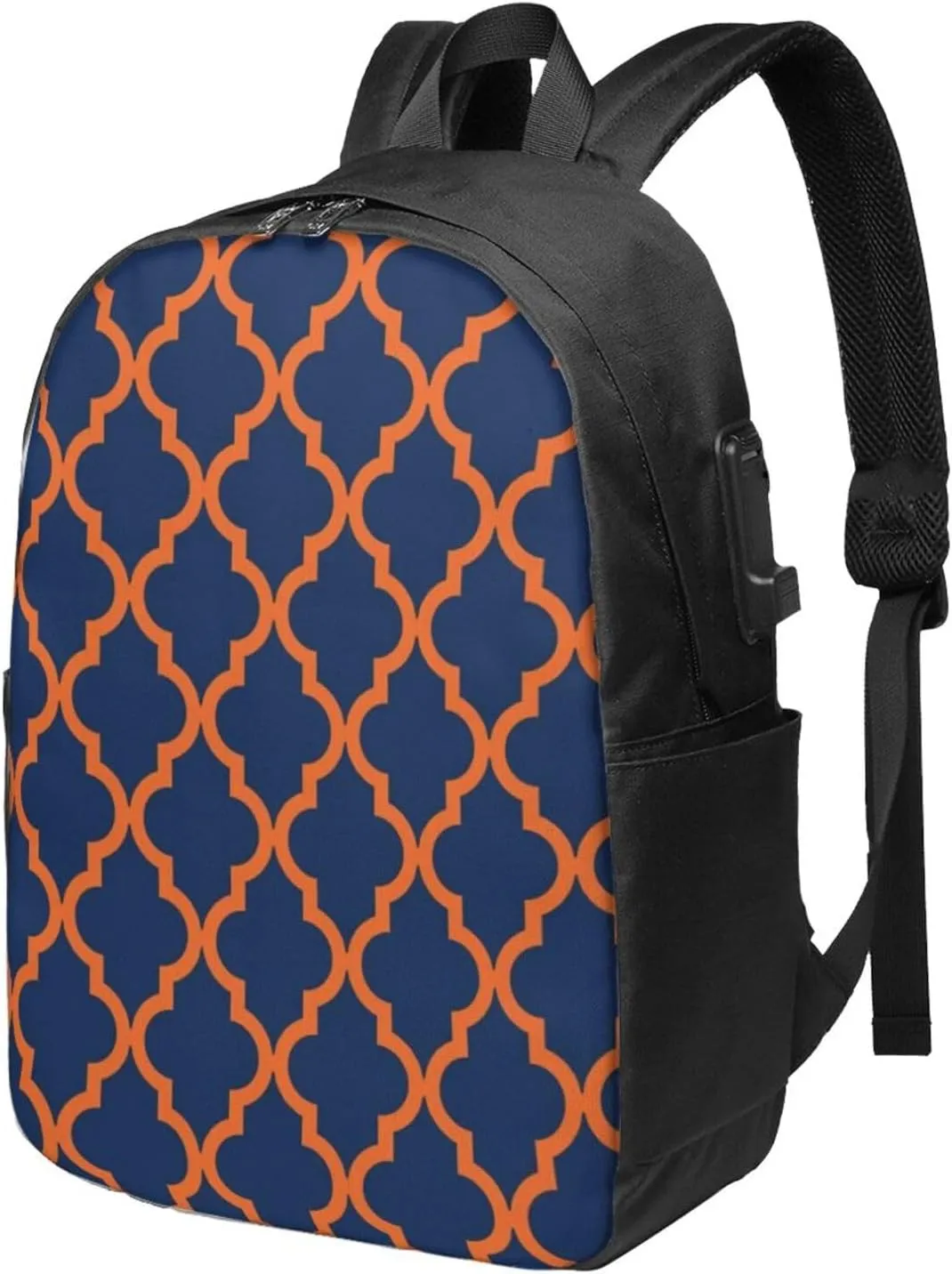 Moroccan Pattern Orange Navy Blue Usb Travel Laptop Backpack  Durable Polyester Backbag With Charging Port & Headphone Jack