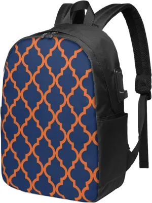 Moroccan Pattern Orange Navy Blue Usb Travel Laptop Backpack  Durable Polyester Backbag With Charging Port & Headphone Jack