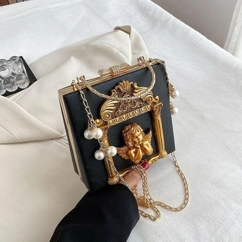 Ornate Black Shoulder Chain Bag with Cherub Detail