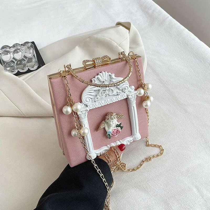 Ornate Black Shoulder Chain Bag with Cherub Detail