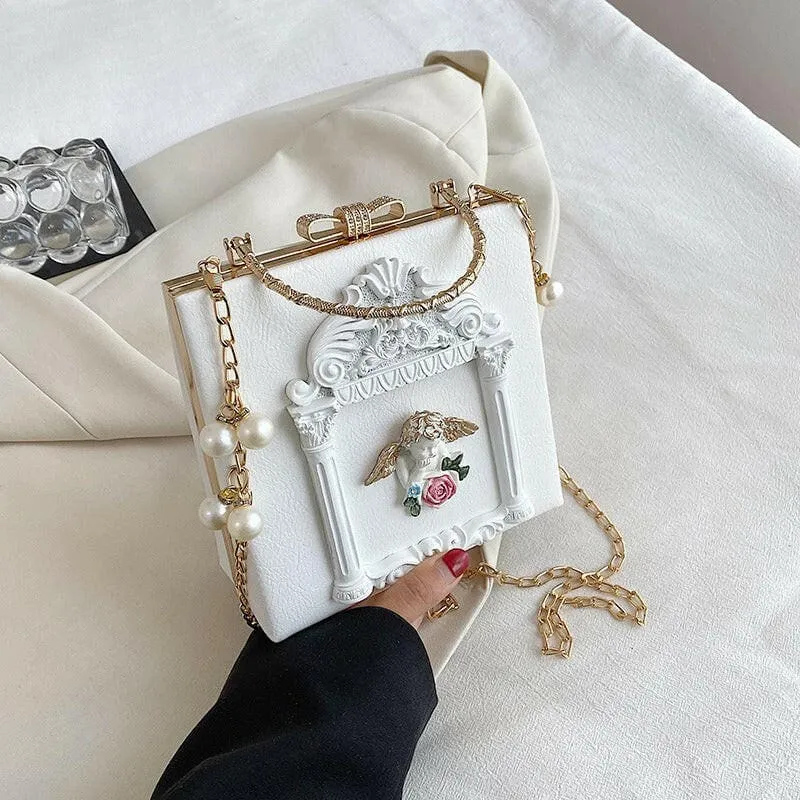 Ornate Black Shoulder Chain Bag with Cherub Detail