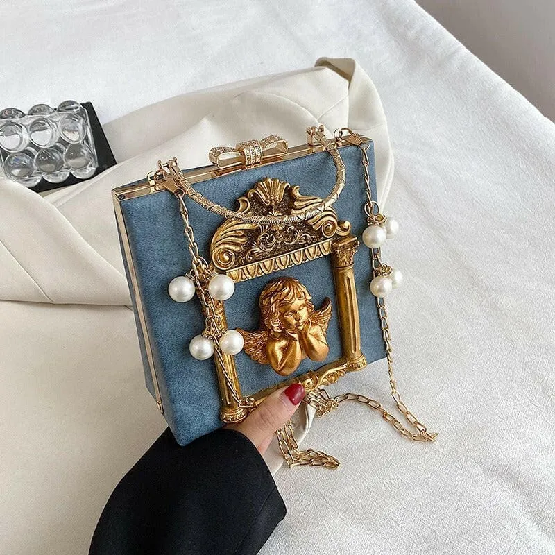 Ornate Black Shoulder Chain Bag with Cherub Detail