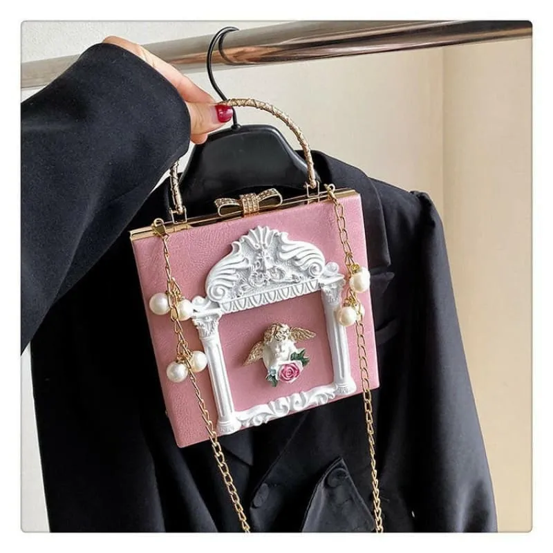 Ornate Black Shoulder Chain Bag with Cherub Detail