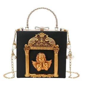 Ornate Black Shoulder Chain Bag with Cherub Detail