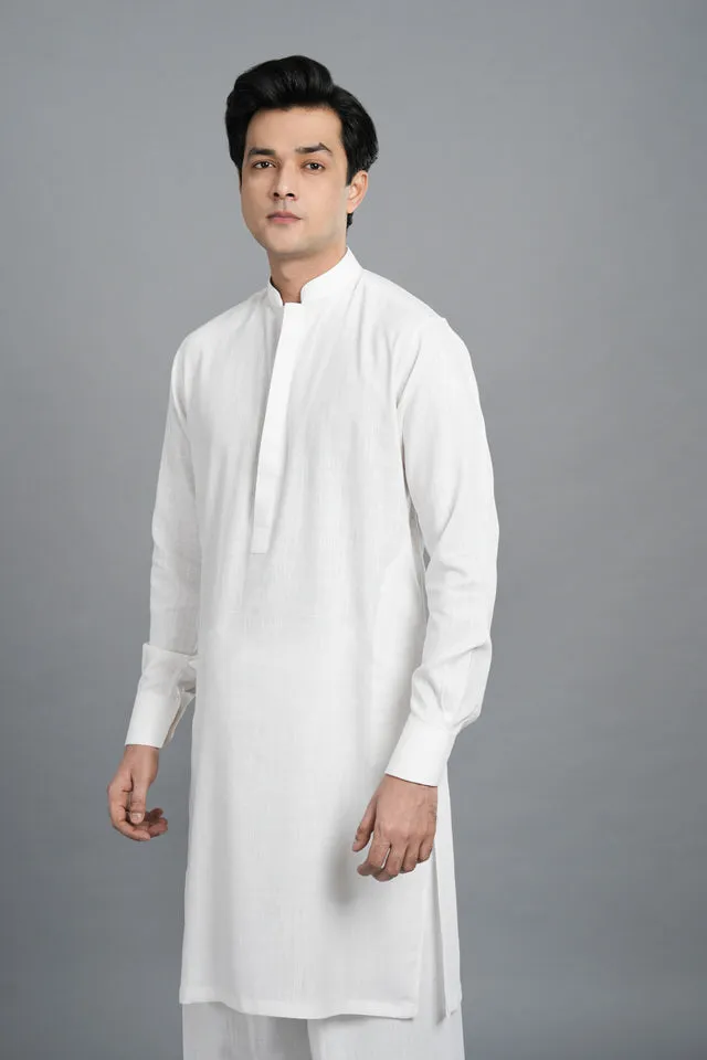 Pearl White Jute Linen Kurta Style | Shalwar Kameez SQ-421 (2)
