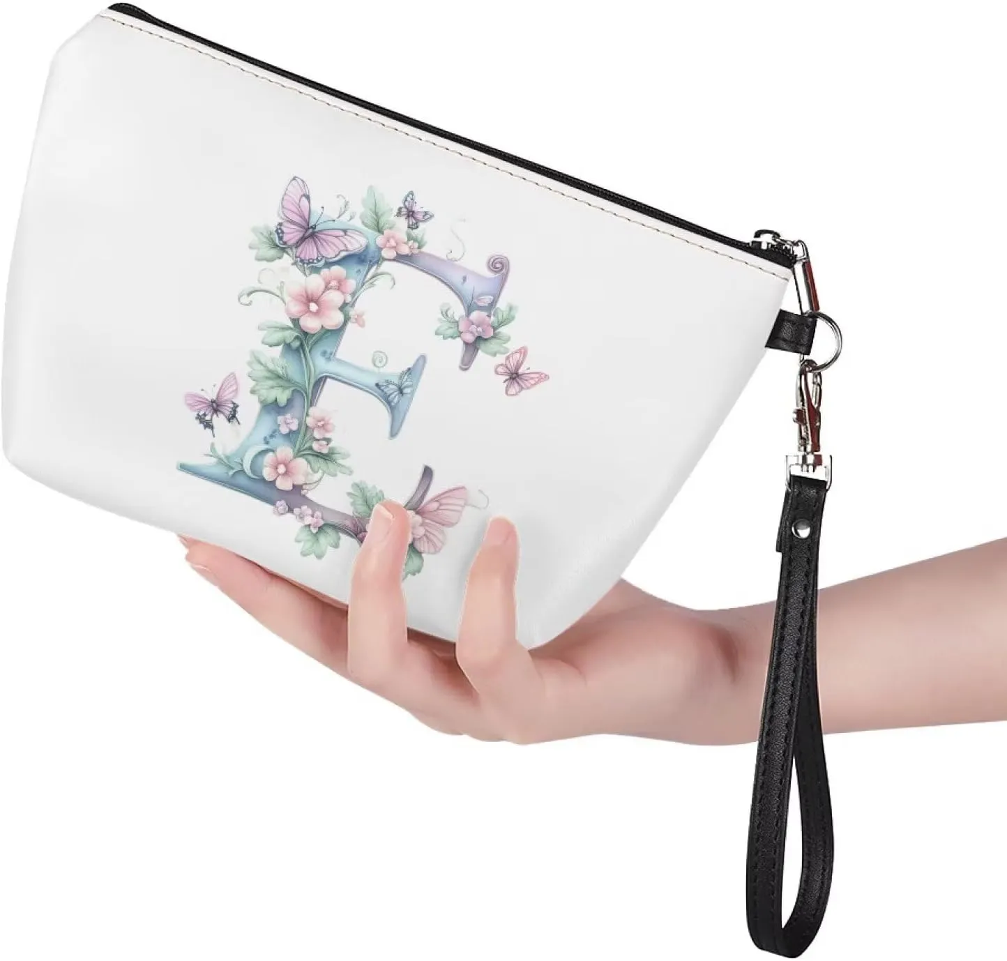 Personalized Gift for Her  Initial Makeup Bag with Wrist Strap, Vegan Leather Waterproof Design & Sturdy Zipper, Slim Travel Toiletry Bag for Airplane Essentials White E