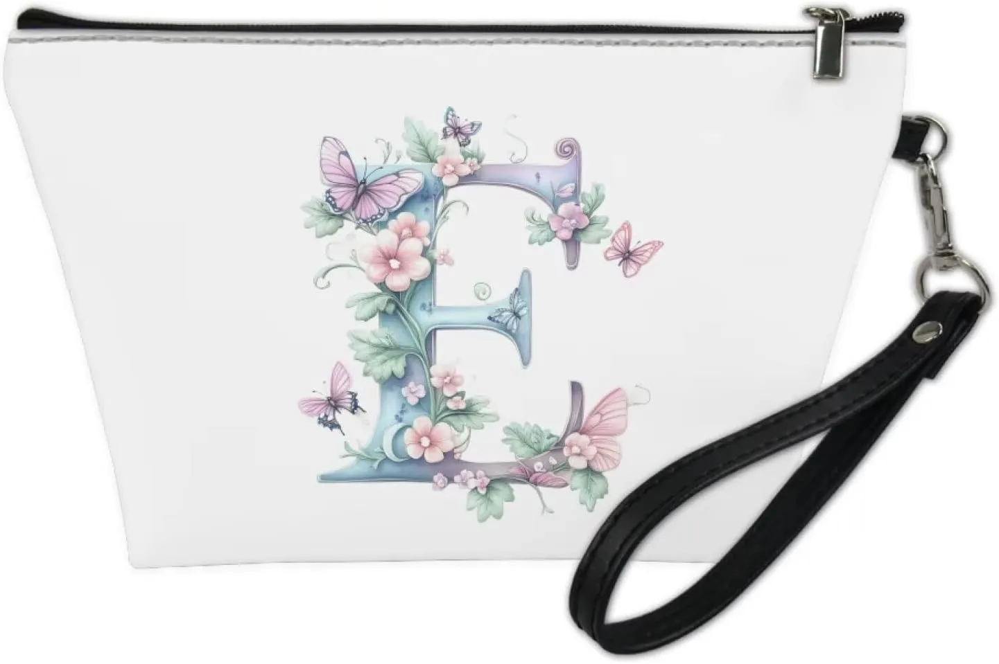 Personalized Gift for Her  Initial Makeup Bag with Wrist Strap, Vegan Leather Waterproof Design & Sturdy Zipper, Slim Travel Toiletry Bag for Airplane Essentials White E