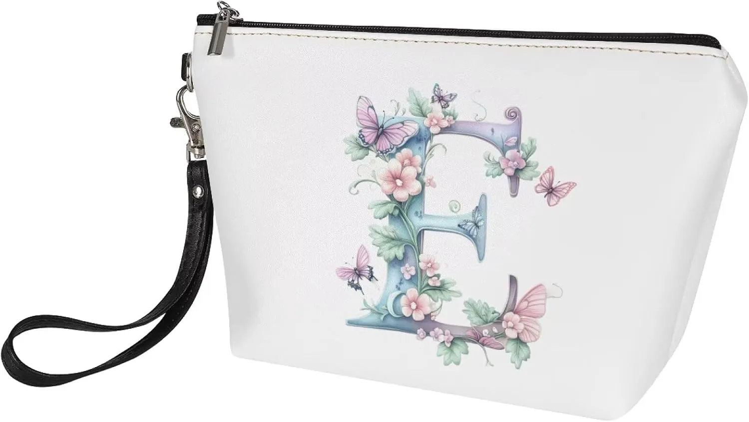 Personalized Gift for Her  Initial Makeup Bag with Wrist Strap, Vegan Leather Waterproof Design & Sturdy Zipper, Slim Travel Toiletry Bag for Airplane Essentials White E