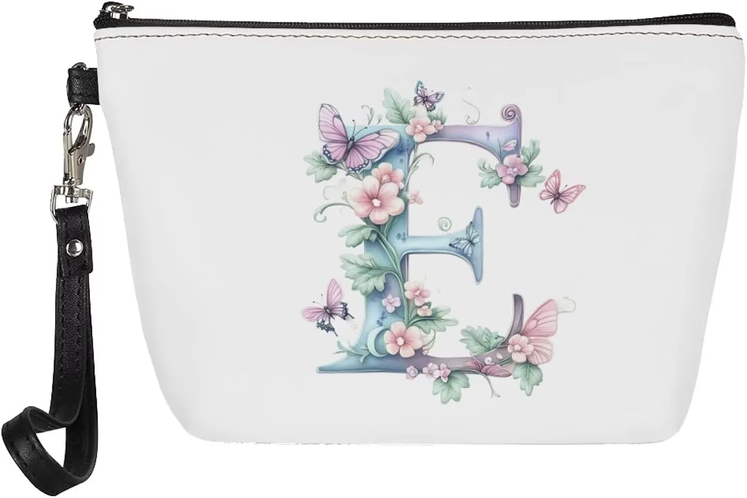 Personalized Gift for Her  Initial Makeup Bag with Wrist Strap, Vegan Leather Waterproof Design & Sturdy Zipper, Slim Travel Toiletry Bag for Airplane Essentials White E