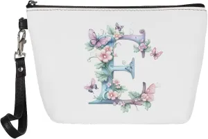 Personalized Gift for Her  Initial Makeup Bag with Wrist Strap, Vegan Leather Waterproof Design & Sturdy Zipper, Slim Travel Toiletry Bag for Airplane Essentials White E