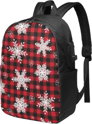 Red Black Buffalo Plaid With Snowflake Usb Travel Laptop Backpack  Durable Polyester Backbag With Charging Port & Headphone Jack