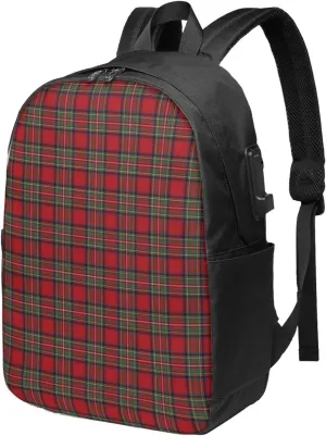 Red Green Royal Stewart Tartan Plaid Usb Travel Laptop Backpack  Durable Polyester Backbag With Charging Port & Headphone Jack