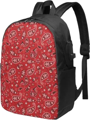 Red Redpaisley Boho Usb Travel Laptop Backpack  Durable Polyester Backbag With Charging Port & Headphone Jack