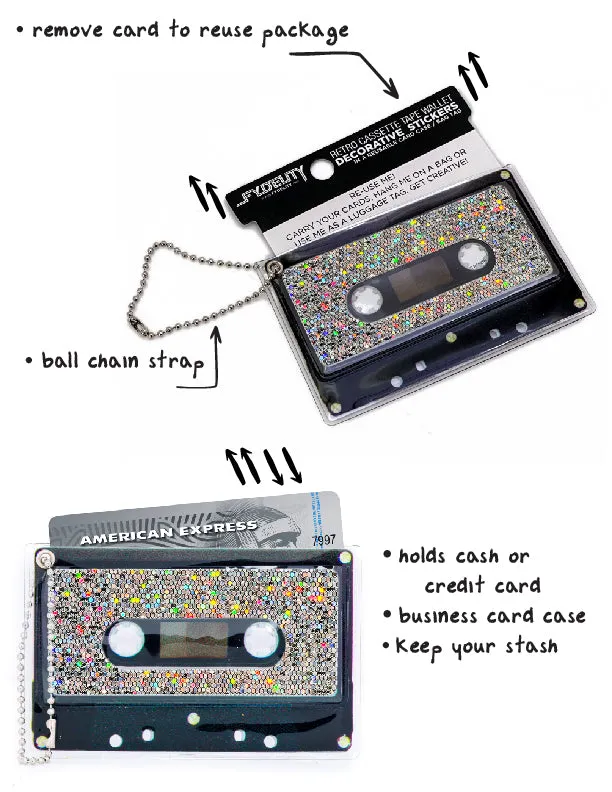 Retro Cassette Tape | Deco Sticker Tag | GLAM Rainbow Silver Glitter