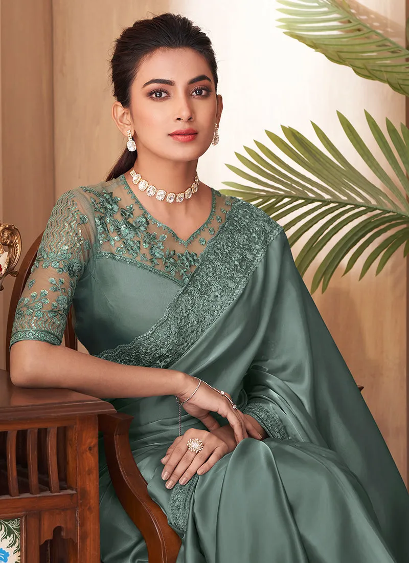Sage Green Sequence Embroidery Traditional Wedding Saree