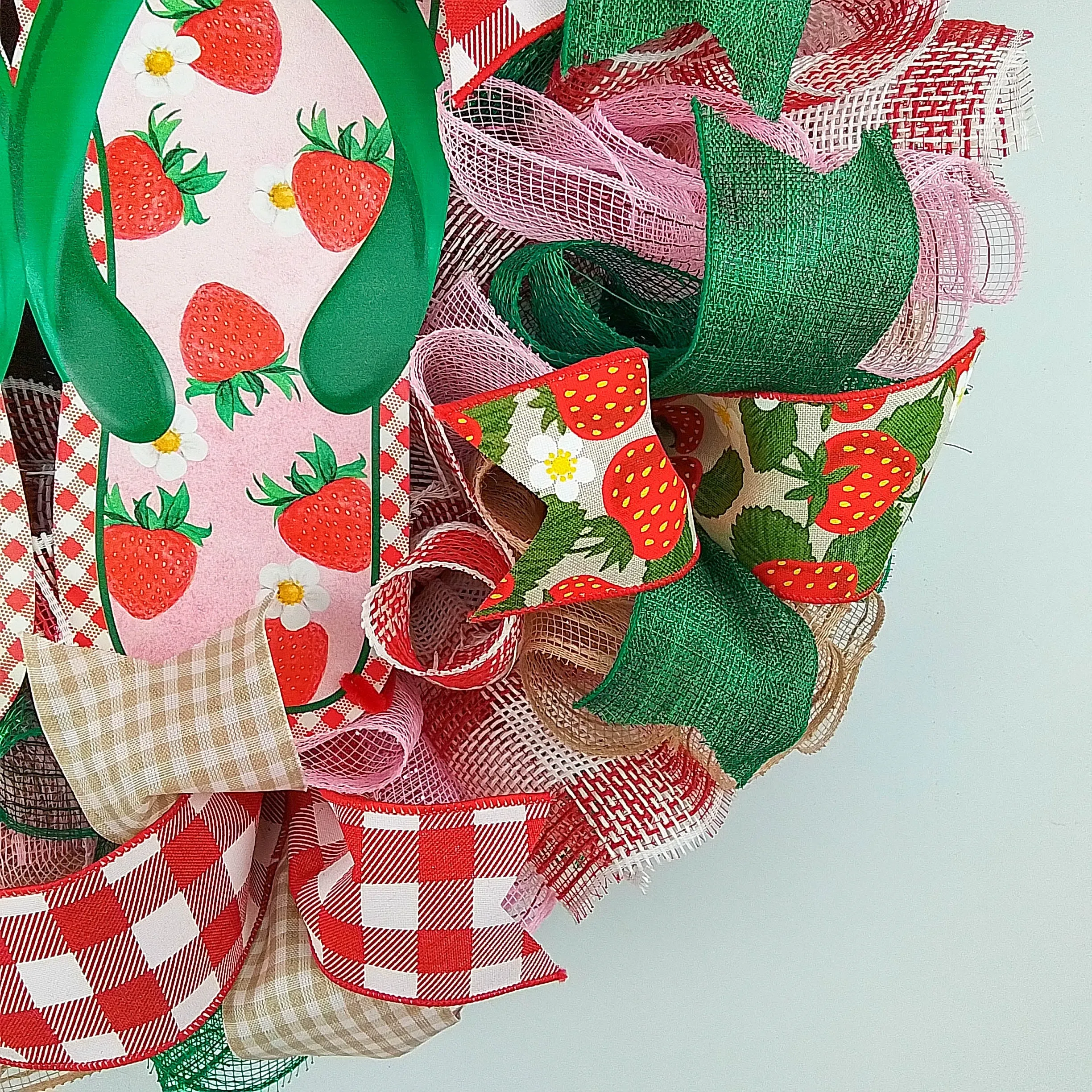 Strawberry Bliss Door Wreath - Whimsical Summer Decor -Flip Flop Wreath - Pink Green Jute