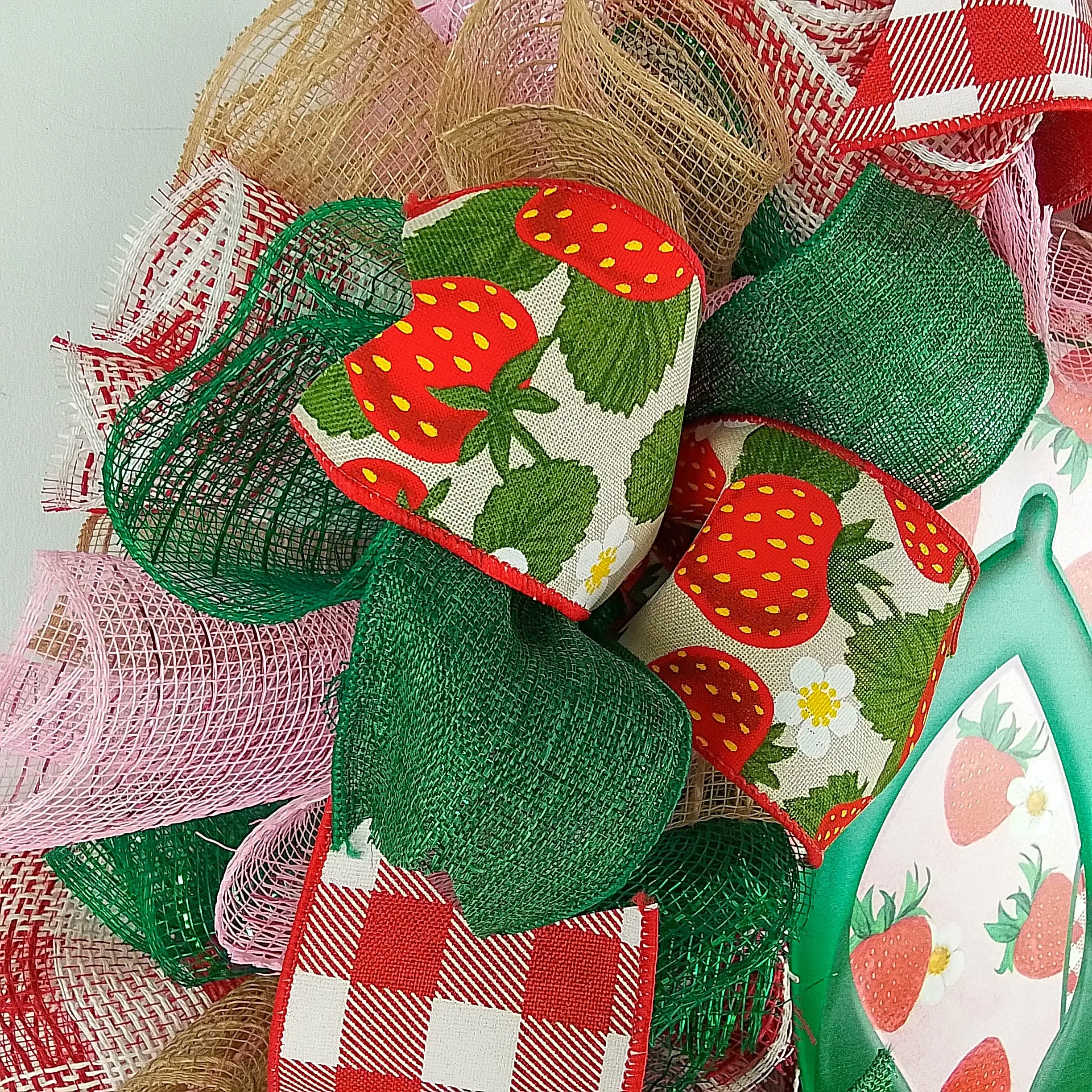 Strawberry Bliss Door Wreath - Whimsical Summer Decor -Flip Flop Wreath - Pink Green Jute