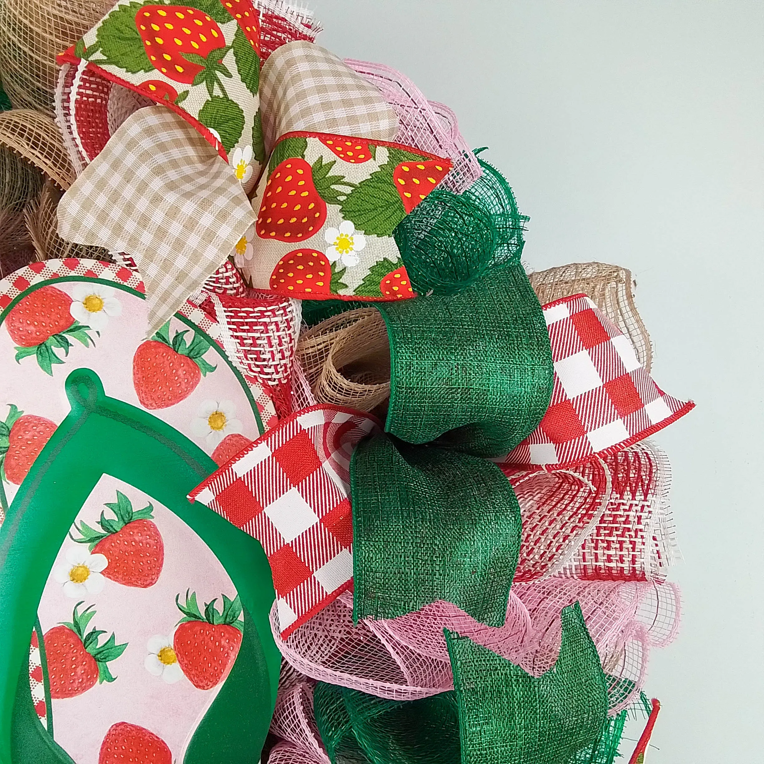 Strawberry Bliss Door Wreath - Whimsical Summer Decor -Flip Flop Wreath - Pink Green Jute