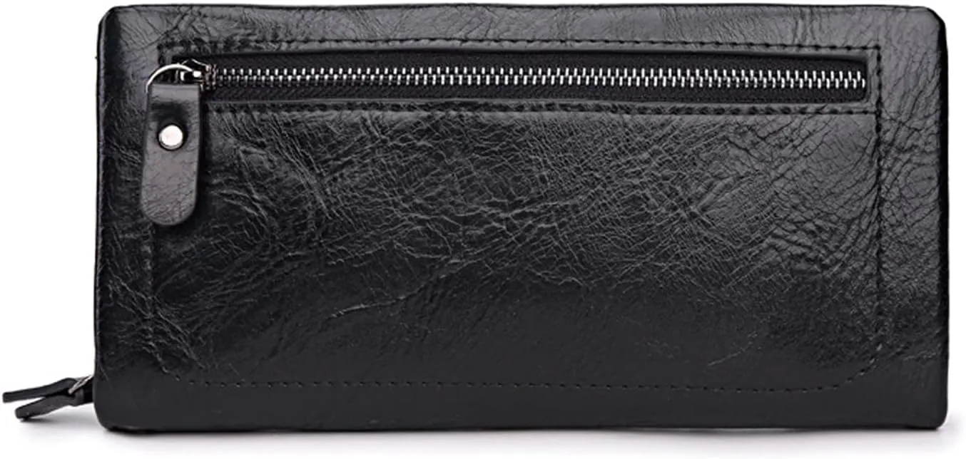 Women Zipper Wallets with Wristlet Large Capacity Long Clutch Checkbook Purse Wallet Oil Wax PU Leather