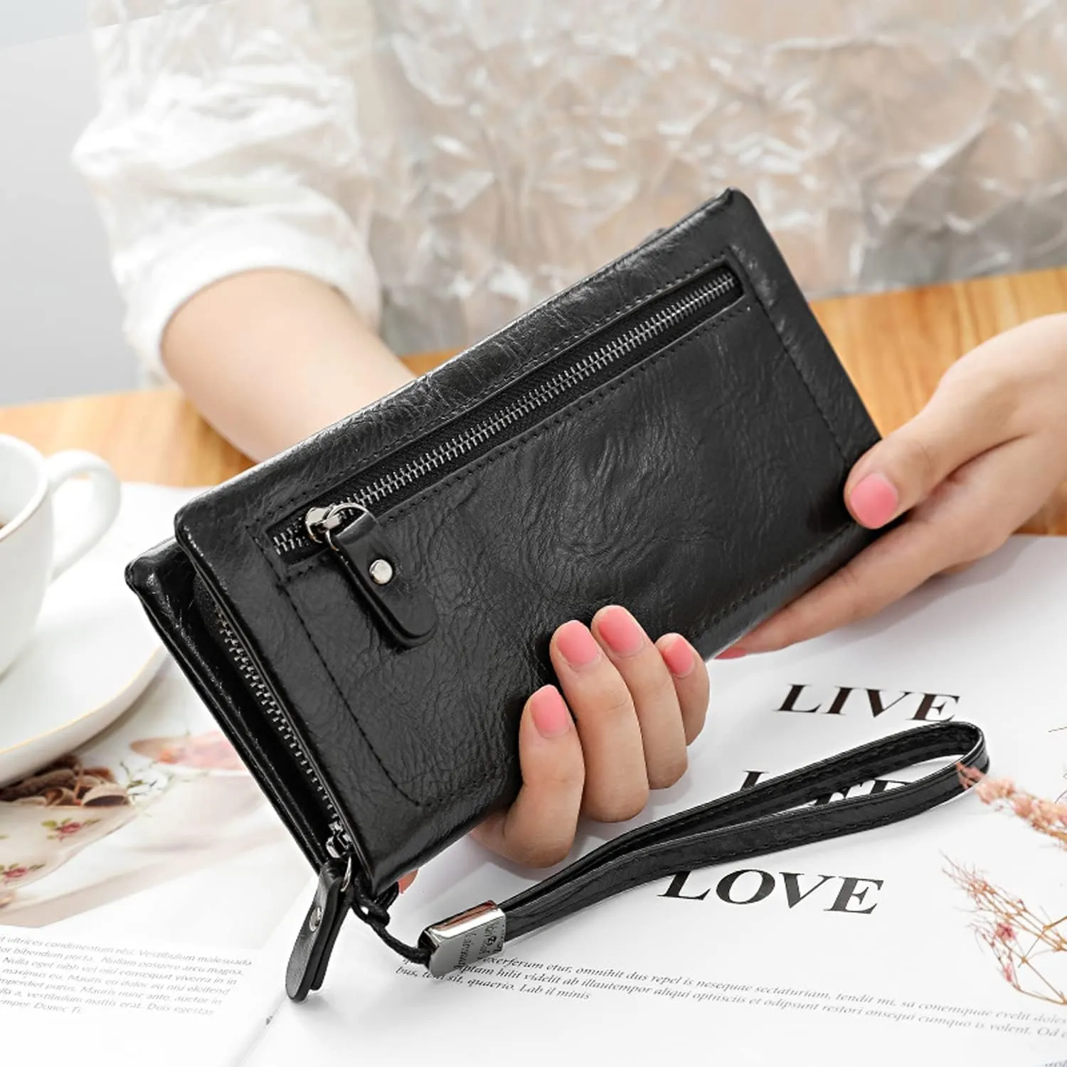 Women Zipper Wallets with Wristlet Large Capacity Long Clutch Checkbook Purse Wallet Oil Wax PU Leather