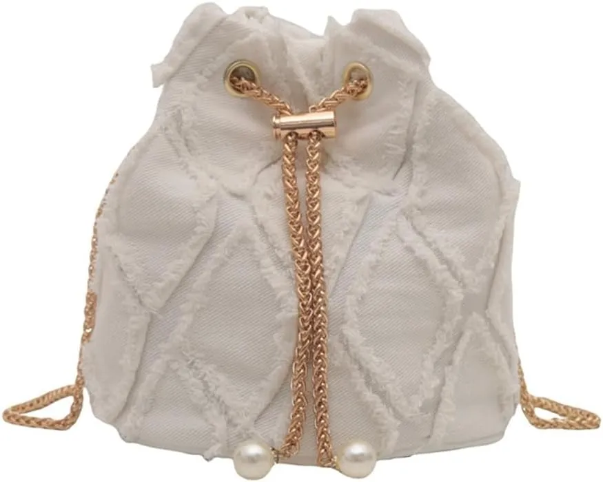 Womens Tassels Denims Small Bucket Bag with Chain Strap Fashionable Jeans Crossbody Shoulder Bag Pearls Drawstring Purse