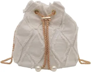 Womens Tassels Denims Small Bucket Bag with Chain Strap Fashionable Jeans Crossbody Shoulder Bag Pearls Drawstring Purse