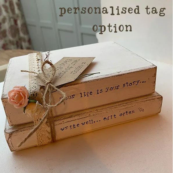Wooden Stack of Books Lg with Lace - Personalised 12657