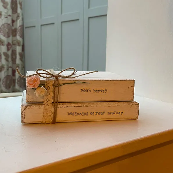 Wooden Stack of Books Lg with Lace - Personalised 12657