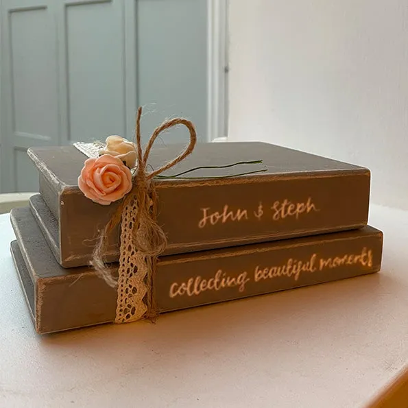 Wooden Stack of Books Lg with Lace - Personalised 12657