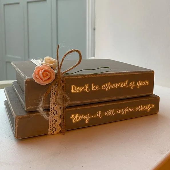 Wooden Stack of Books Lg with Lace - Story will Inspire 12663