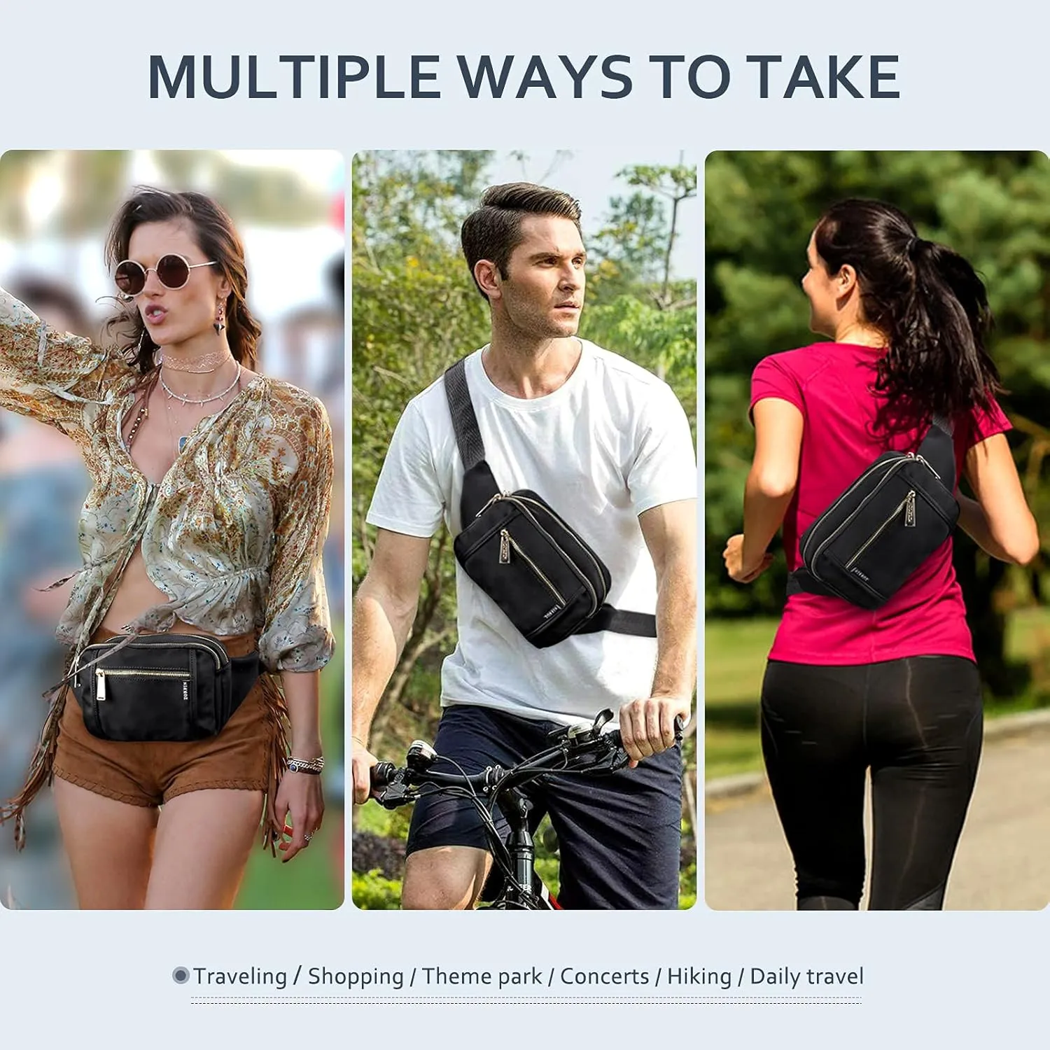 ZORFIN Fanny Packs for Women Men, Belt Bag with 5 Zipper Pockets, Fashion Waist Pack Crossbody Bag with Adjustable Belt for Travel/Shopping/Hiking/Running/Cycling (Blue, Gray Zipper)