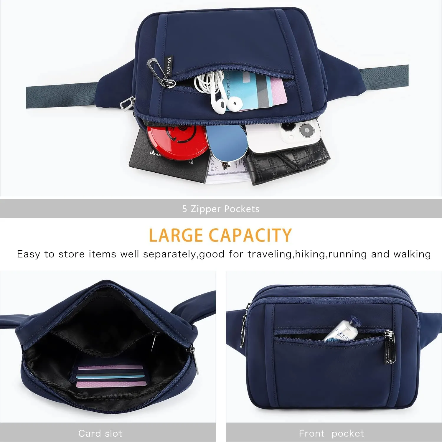 ZORFIN Fanny Packs for Women Men, Belt Bag with 5 Zipper Pockets, Fashion Waist Pack Crossbody Bag with Adjustable Belt for Travel/Shopping/Hiking/Running/Cycling (Blue, Gray Zipper)